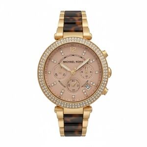 Michael Kors Gold and Tortoiseshell Parker Crystal-Accent Chronograph Watch